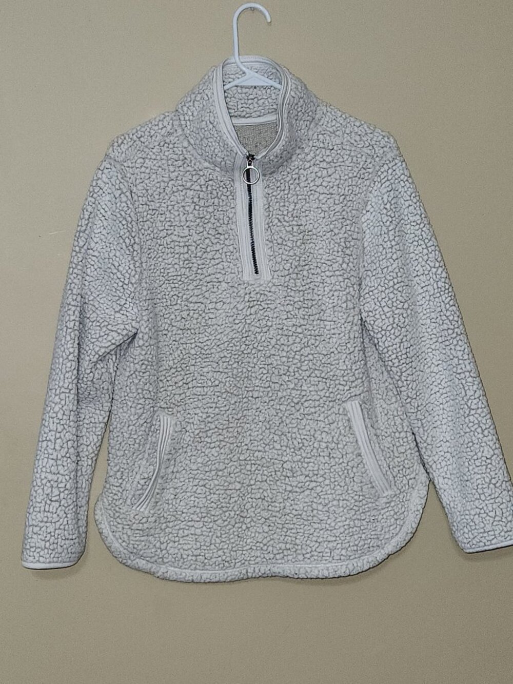 Cozy Sherpa Women Large Fleece Pullover Jacket Ivory White 1/4 Zip Sweatshirt L